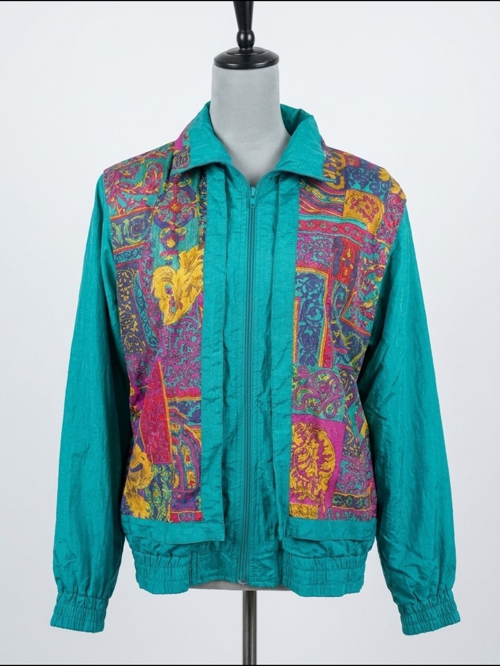 Teal Bomber Jacket with Multicolor Patterned‎ Panels
